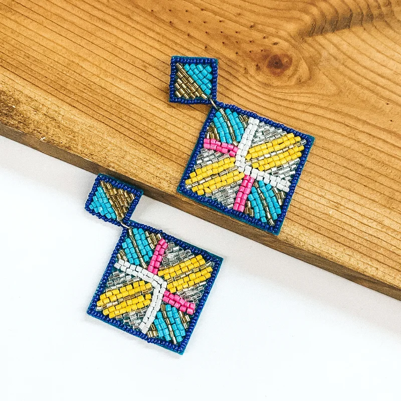 Fashion Earrings for Women-Resort Life Beaded Square Drop Earrings with Irregular Design in Blue