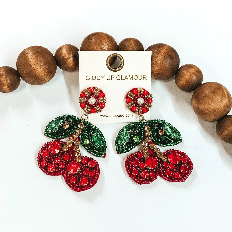 Party Earrings for Women-Cherry Cute Beaded Earrings in Red and Green