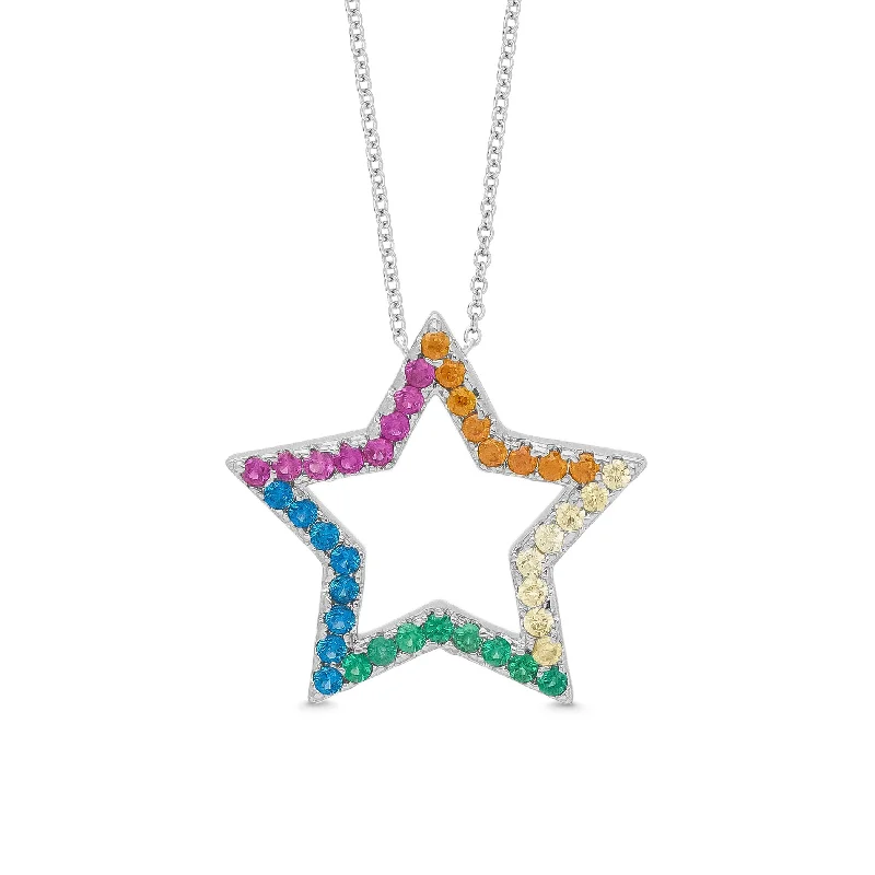 Silver Chain Necklace-Rainbow CZ Star Necklace