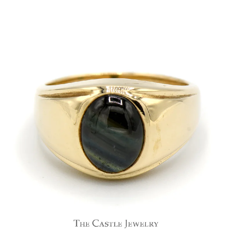 Wedding Ring for Bride-Oval Cabochon Black Star Sapphire Ring with Polished Sides in 14k Yellow Gold