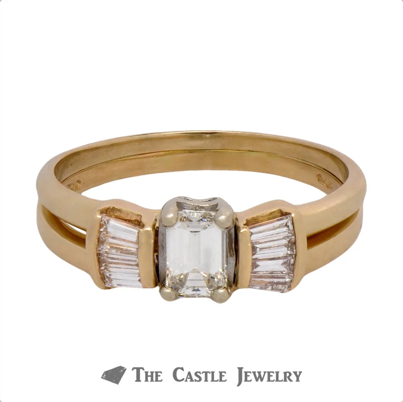 Custom Sapphire Wedding Ring-Emerald Cut Bridal Set with Baguette Accents Crafted in 14k Yellow Gold