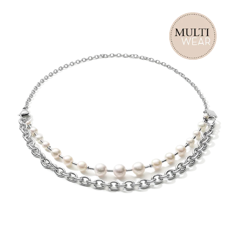 Romantic Necklace for Girlfriend-Necklace Freshwater pearls & chunky chain 4-in-1 white-silver