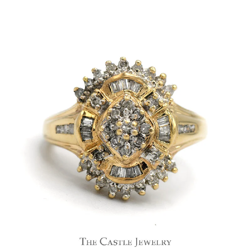 Simple Gold Wedding Band-1/2cttw Round & Baguette Cut Diamond Starburst Cluster Ring in 10k Yellow Gold