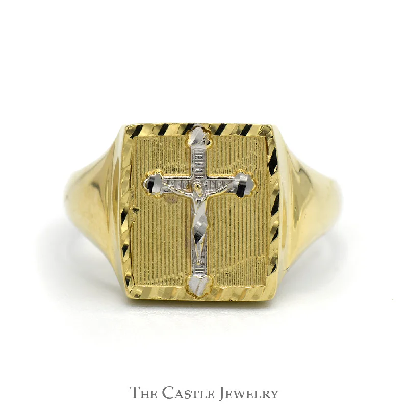 Gorgeous Wedding Ring Set-Two Tone Crucifix Signet Ring with Diamond Cut Texture in 10k Yellow & White Gold