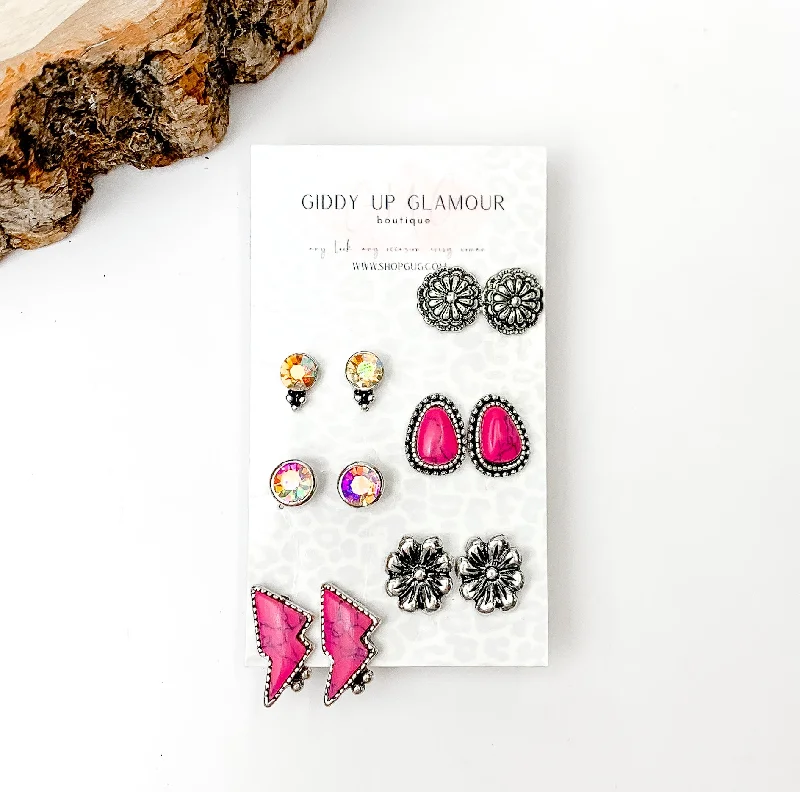 Trendy Earrings for Bridesmaids-Set Of Six | Western Lightning Bolt Fuchsia Pink and Silver Tone Stud Earrings