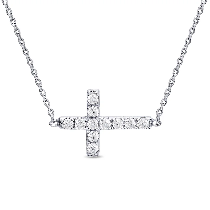 Gold Necklace with Amethyst-Sideways Cross CZ Necklace in Sterling Silver