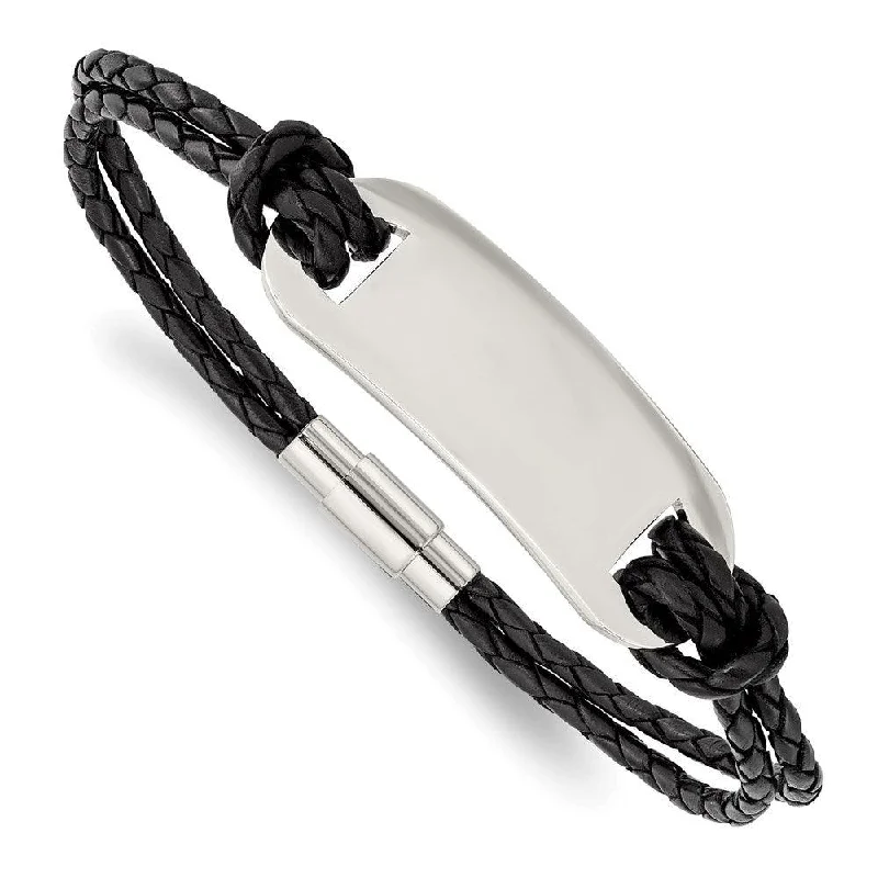 Bohemian Charm Bracelet-Stainless Steel Polished ID and Black Woven Leather Bracelet