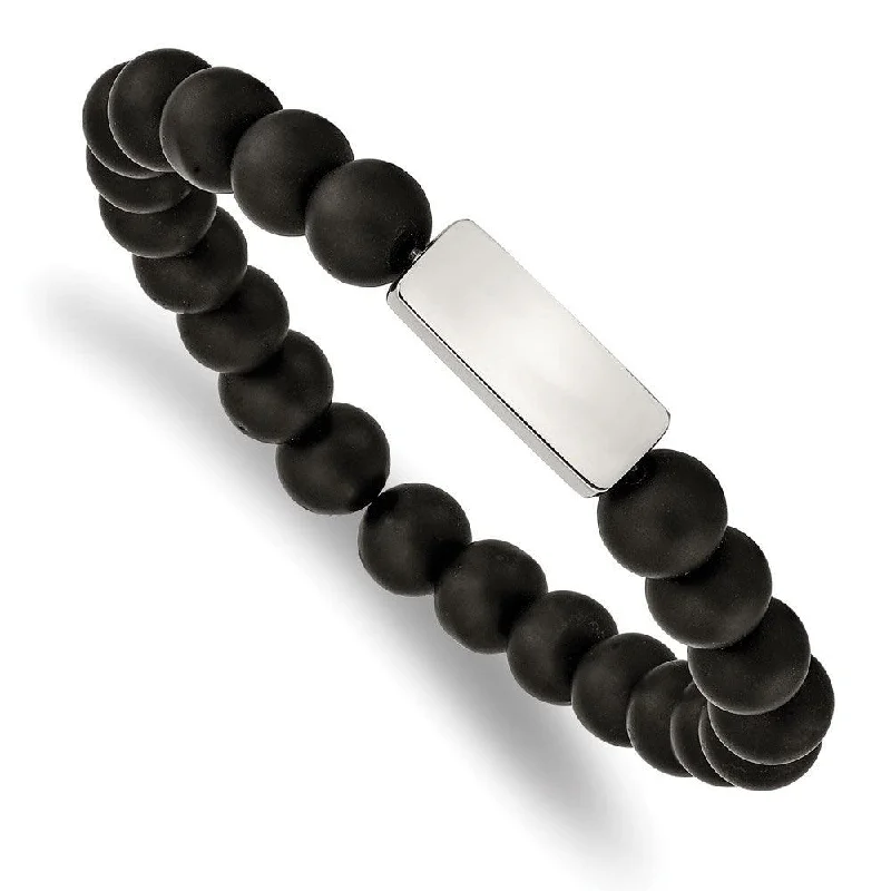 Custom Engraved Silver Bracelet-Stainless Steel Polished ID Plate Black Agate Bead Stretch Bracelet