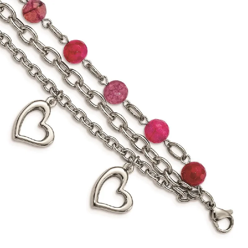 Charm Bracelet for Teenagers-Stainless Steel Pink Agate w/Hearts Bracelet