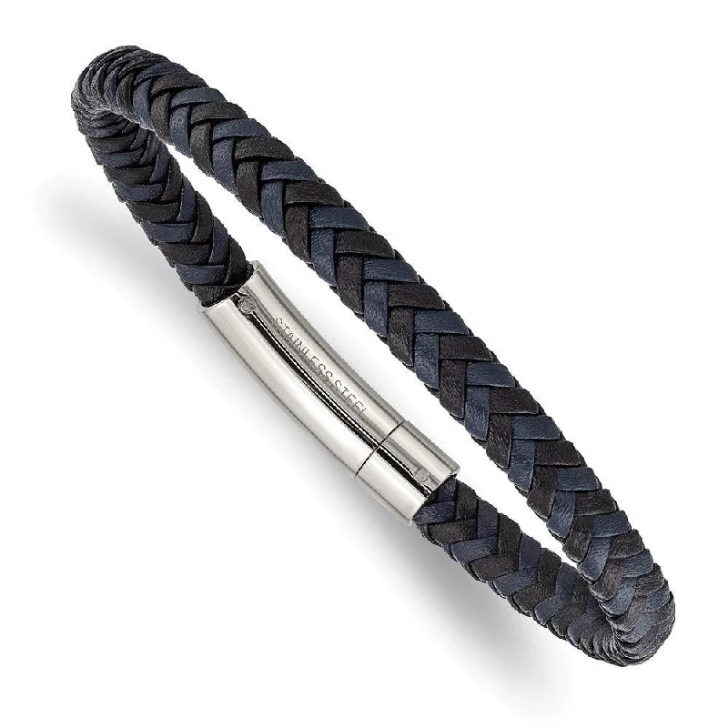 Silver Bracelet with Crystals-Stainless Steel Polished Black and Blue Braided Leather 8.25in Bracelet