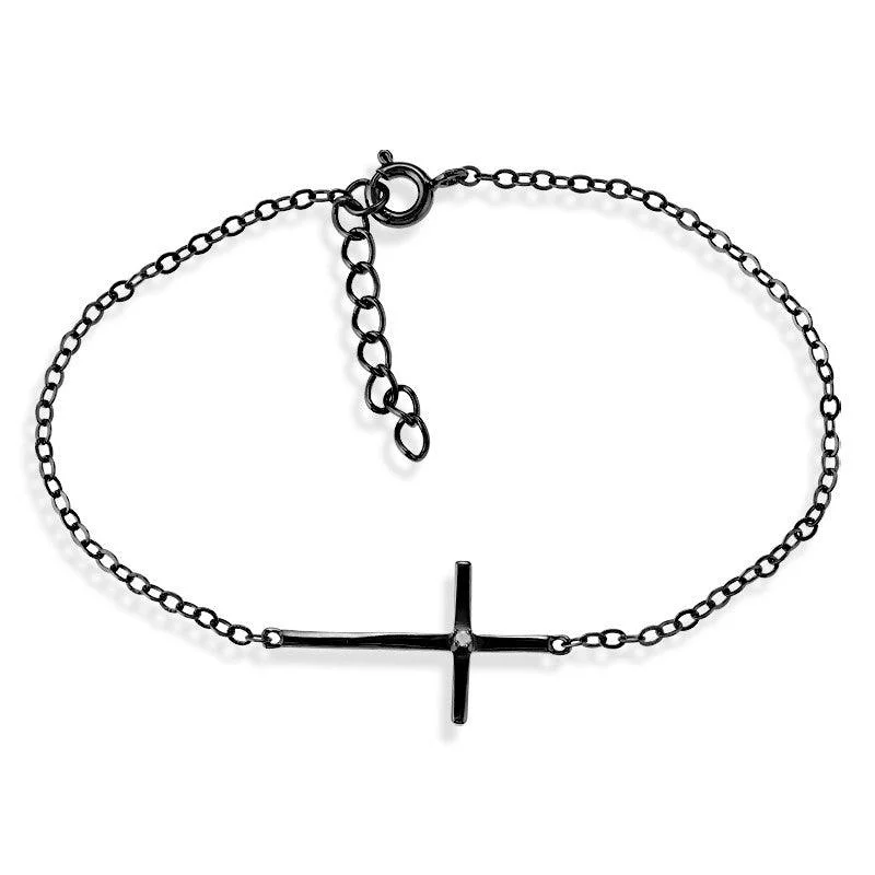 Luxury Gold Charm Bracelet-Sterling Silver Single Black Rhodium CZ Sideways Cross Bracelet