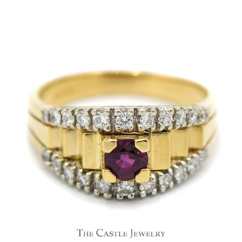 Designer Wedding Ring for Women-Round Rhodalite Garnet Ring with Diamond Accents in 18k Yellow Gold Ridged Mounting