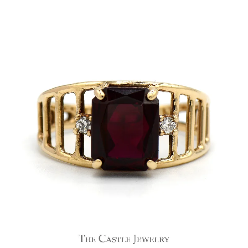 Designer Wedding Ring for Women-Emerald Cut Ruby Ring with Diamond Accented Sides in 10k Yellow Gold Open Slotted Mounting