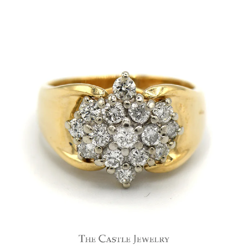 Classic Wedding Band Set-Diamond Flower Cluster Ring in 10k Yellow Gold Wide Cathedral Mounting