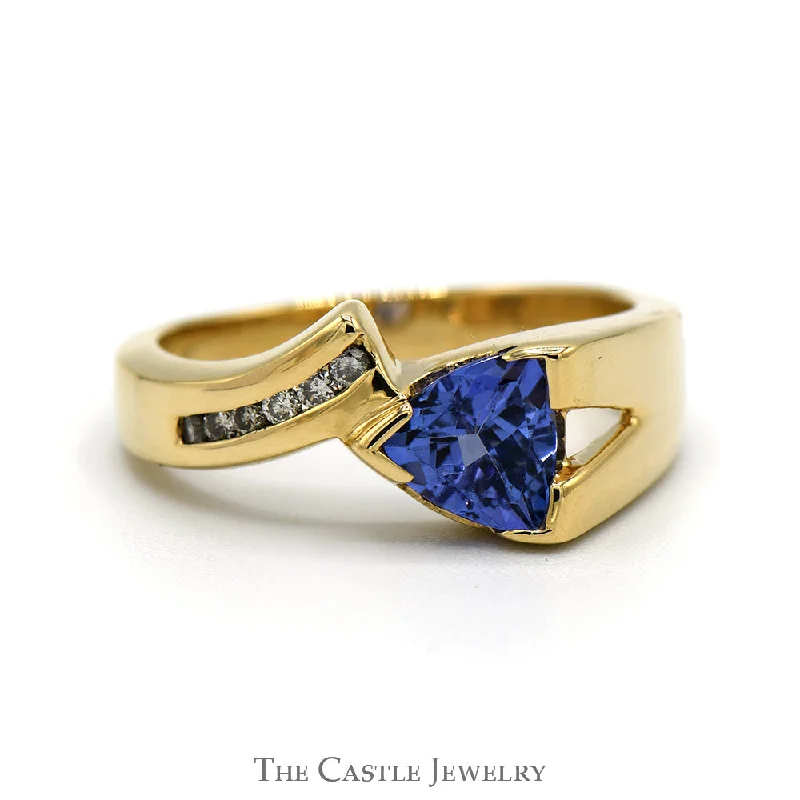 Unique Wedding Ring Set for Couples-Trillion Cut Tanzanite Ring with Channel Set Diamond Accents in 14k Yellow Gold