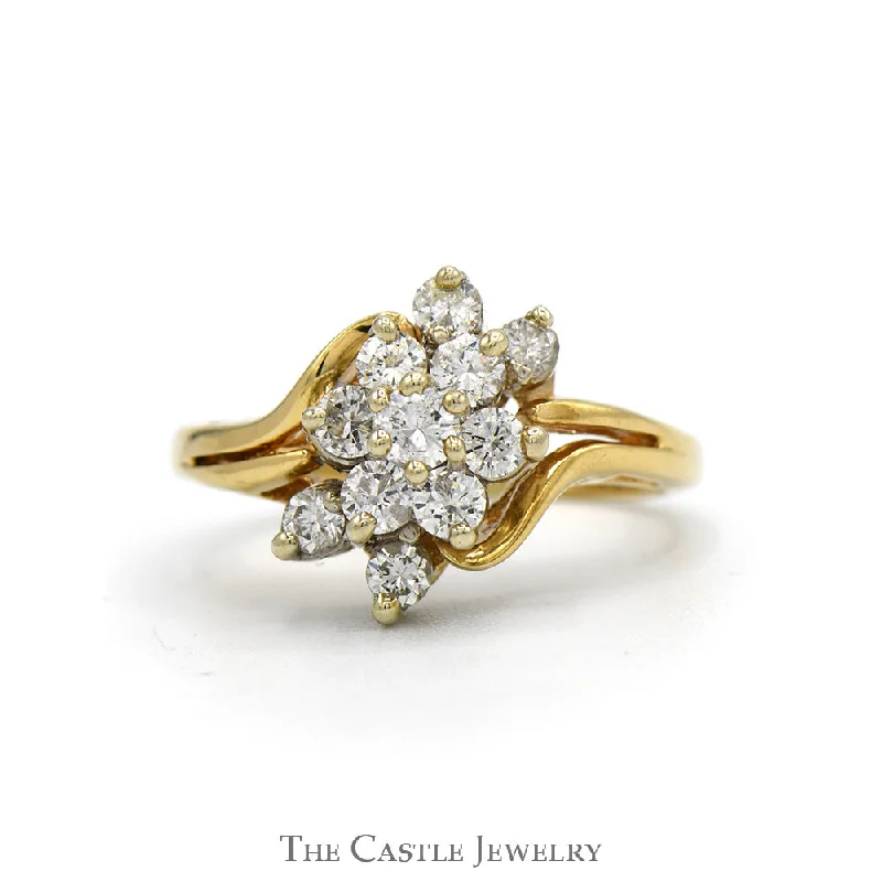 Classic Wedding Ring for Couples-1/2cttw Flower Shaped Diamond Cluster Ring with Split Shank Sides in 14k Yellow Gold