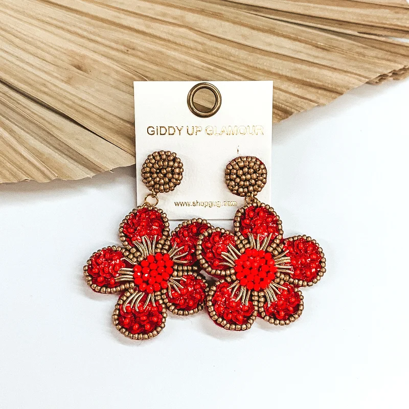 Minimalist Stud Earrings-Beaded Flower Earrings in Red