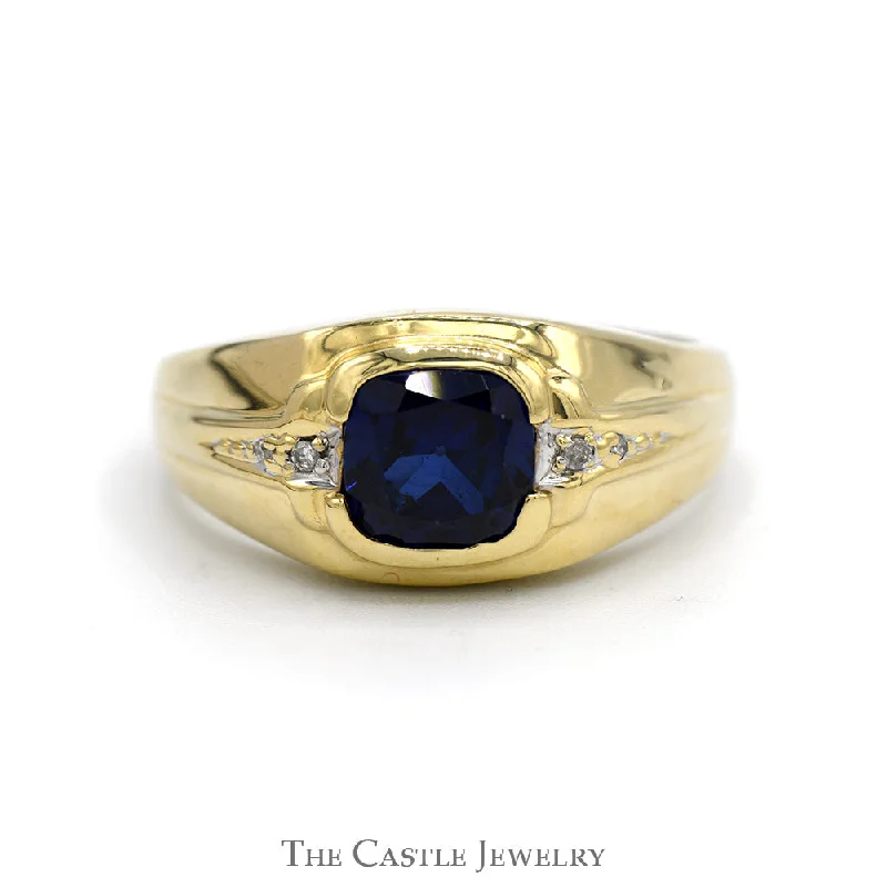 Designer Gold Ring-Square Shaped Sapphire Men's Ring with Illusion Set Diamond Accents in 10k Yellow Gold