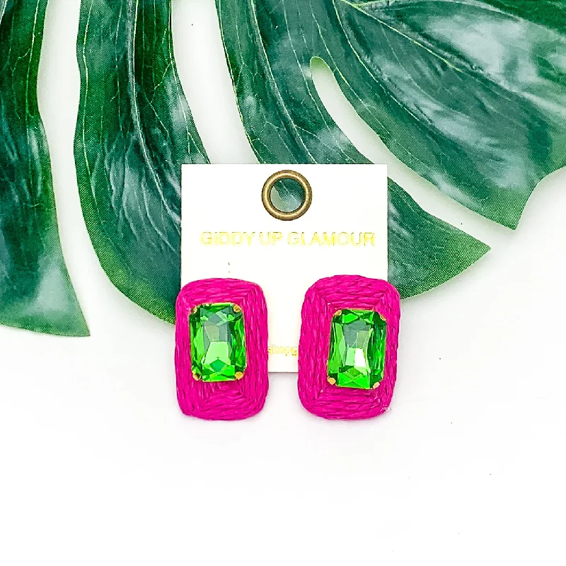 Wedding Earrings with Gemstones-Truly Tropical Raffia Rectangle Earrings in Hot Pink With Green Crystal