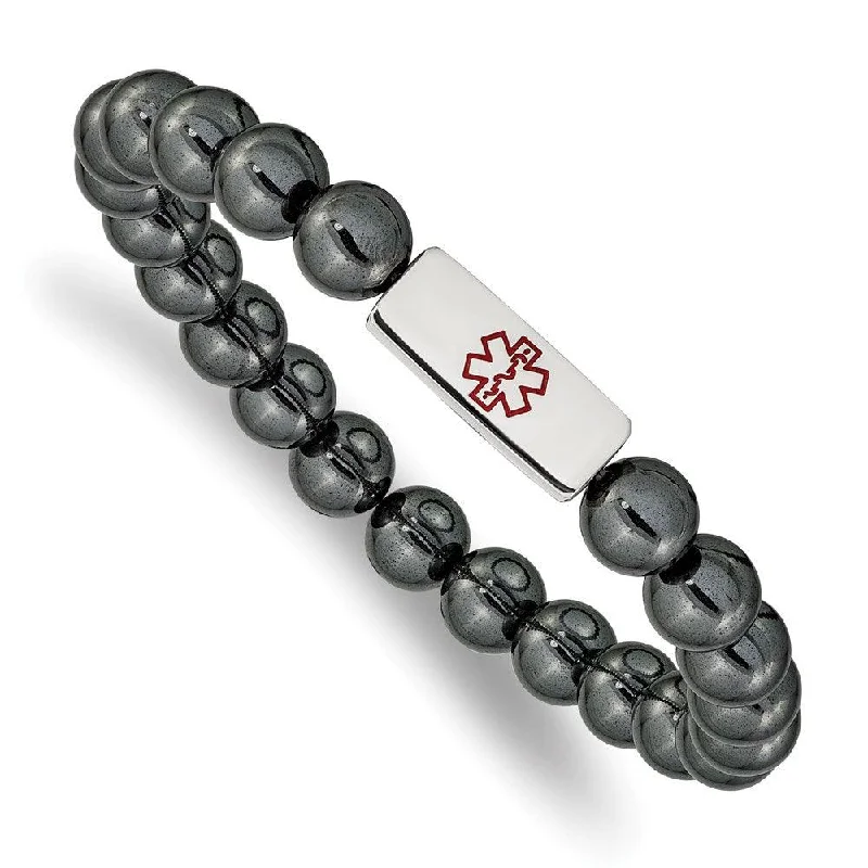 Charm Bracelet for Teenagers-Stainless Steel Polished Medical ID Plate Hematite Bead Stretch Bracelet