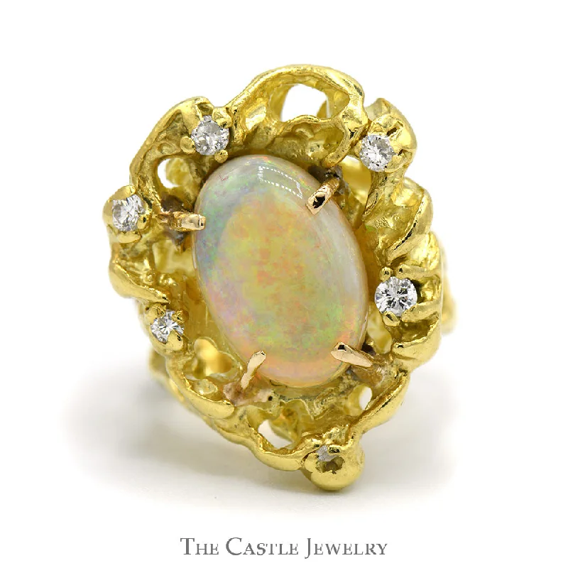 Gold Ring with Citrine-Oval Opal Ring with Diamond Accents in 14k Yellow Gold Open Nugget Style Mounting