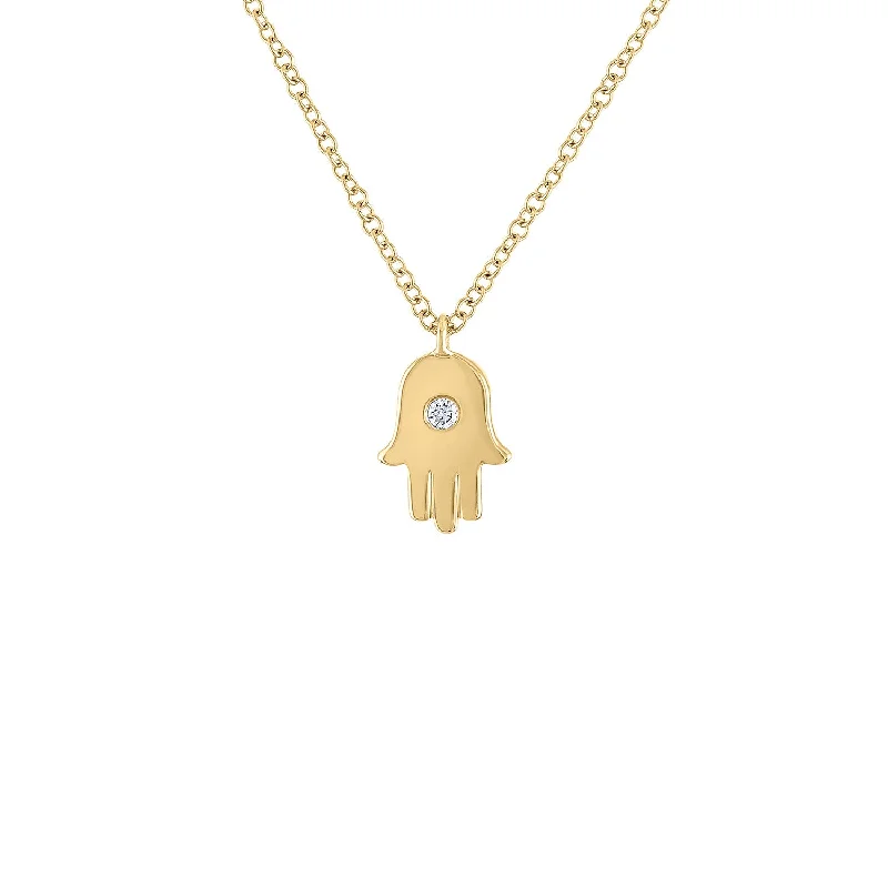 Simple Pendant Necklace-14KT GOLD DIAMOND SHINY HAMSA NECKLACE