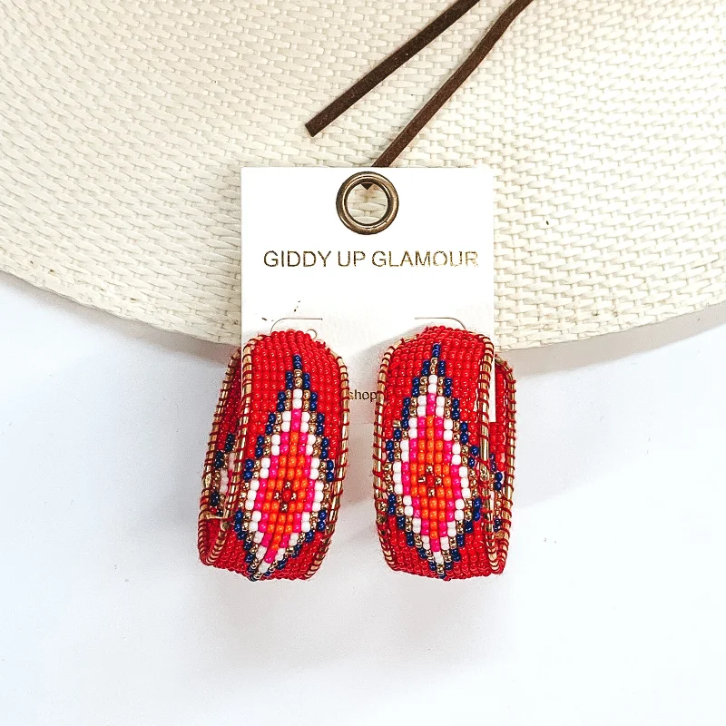 Artistic Drop Earrings-Aztec Pattern Beaded Hoop Earrings in Red