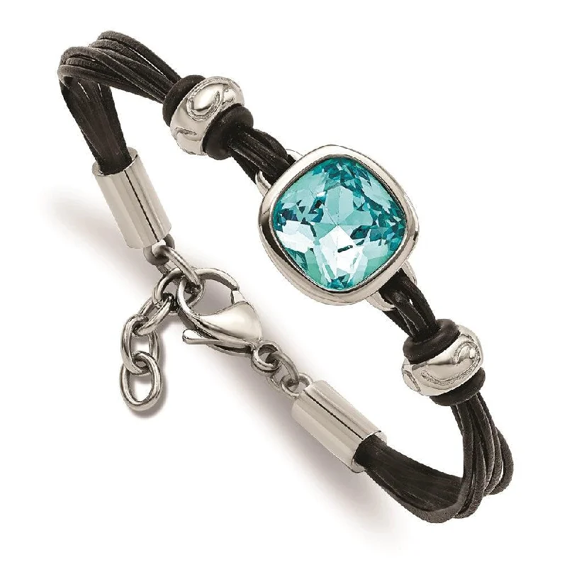 Women’s Beaded Bracelet-Stainless Steel Polished Blue Glass Leather with 1in ext. Bracelet