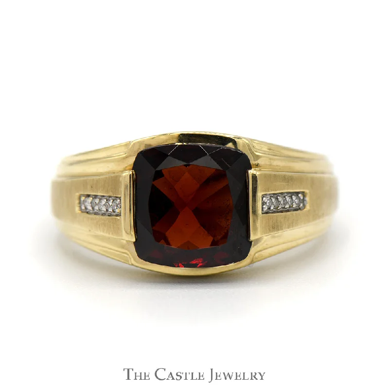 Designer Diamond Wedding Ring-Cushion Cut Garnet Ring with Illusion Set Diamond Accents in 10k Yellow Gold