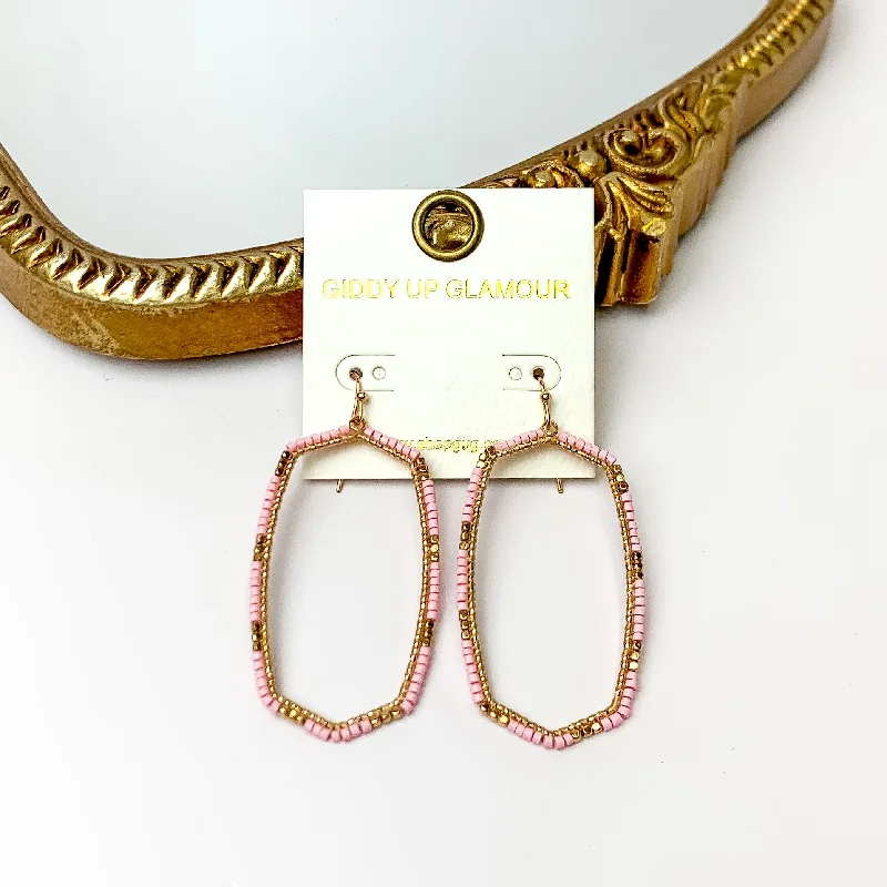 Unique Pearl Earrings-Light Pink Beaded Open Large Drop Earrings with Gold Tone Accessory