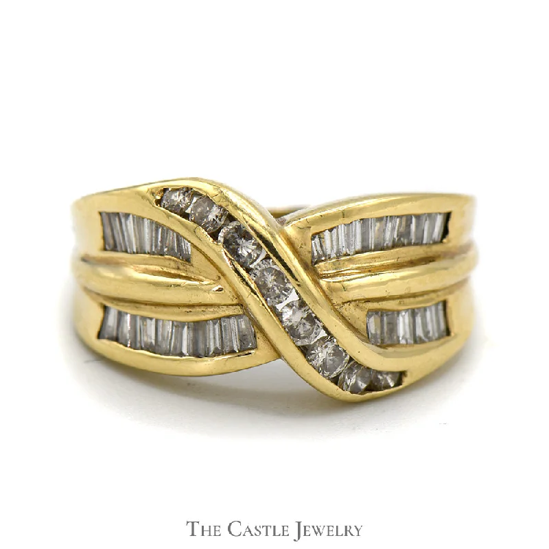 Designer Ring with Birthstone-1.5cttw Channel Set Baguette and Round Diamond Crossover Band in 14k Yellow Gold