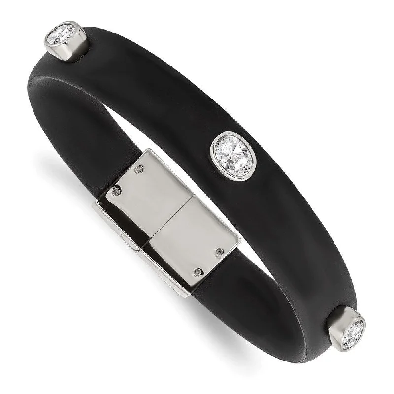 Minimalist Silver Bracelet-Stainless Steel Polished CZ Silicone Band Bracelet