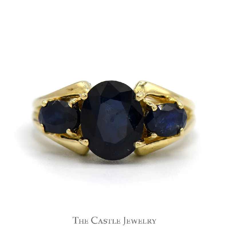 Classic Engagement Ring for Women-Oval Sapphire Three Stone Ring with Open Split Shank Sides in 14k Yellow Gold