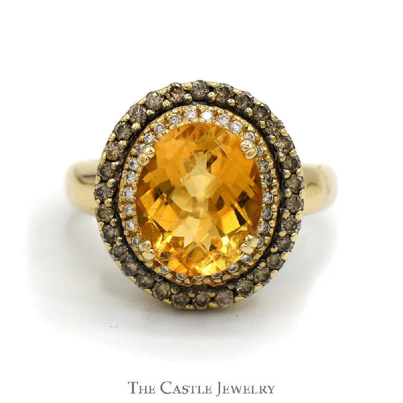 Luxury Gold Wedding Ring-Le Vian Oval Citrine Designer Ring with Chocolate & White Diamond Halos in 14k Yellow Gold