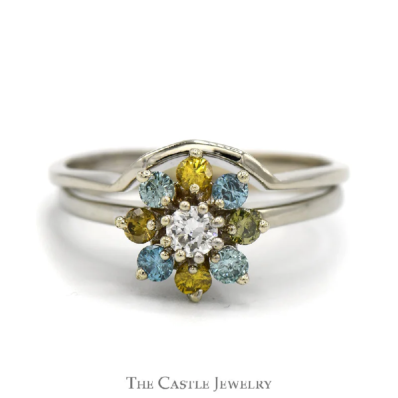 Ruby Engagement Ring-White, Yellow & Blue Diamond Flower Cluster Soldered Bridal Set in 14k White Gold