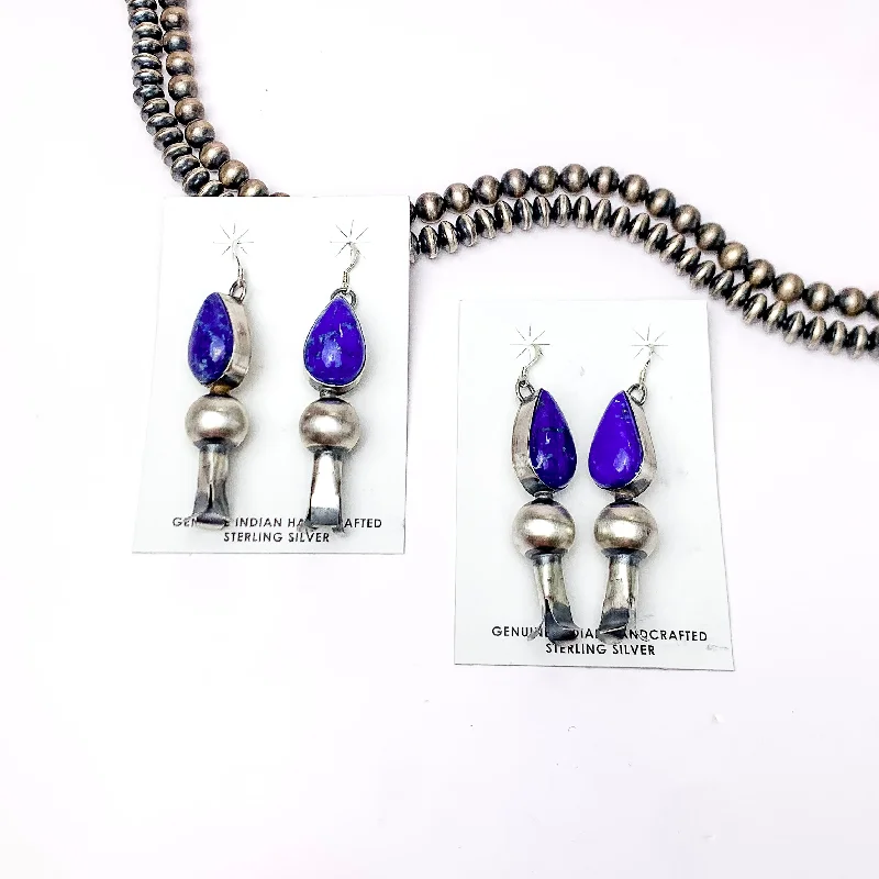 Round Diamond Earrings-Mason Lee | Navajo Handmade Sterling Silver Dark Lapis Earrings with Squash Blossom Dangle