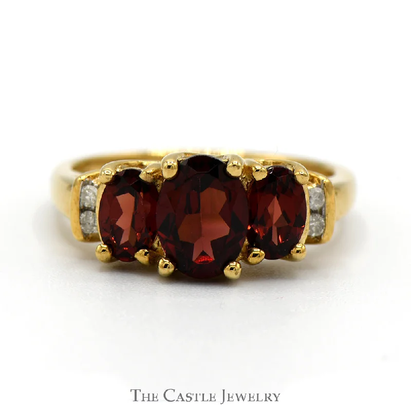 Vintage Engagement Ring Set-3 Stone Oval Garnet Ring with Diamond Accents in 10k Yellow Gold