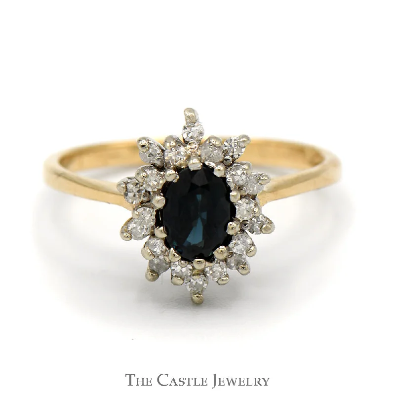 Luxury Gold Wedding Ring-Oval Sapphire Ring with Diamond Cluster Halo in 14k Yellow Gold