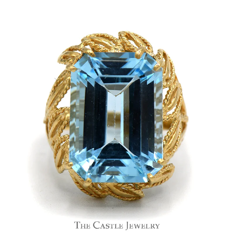 Dazzling Engagement Ring Set-Emerald Cut Blue Topaz Ring with Fancy Leaf Designed Open Setting in 10k Yellow Gold