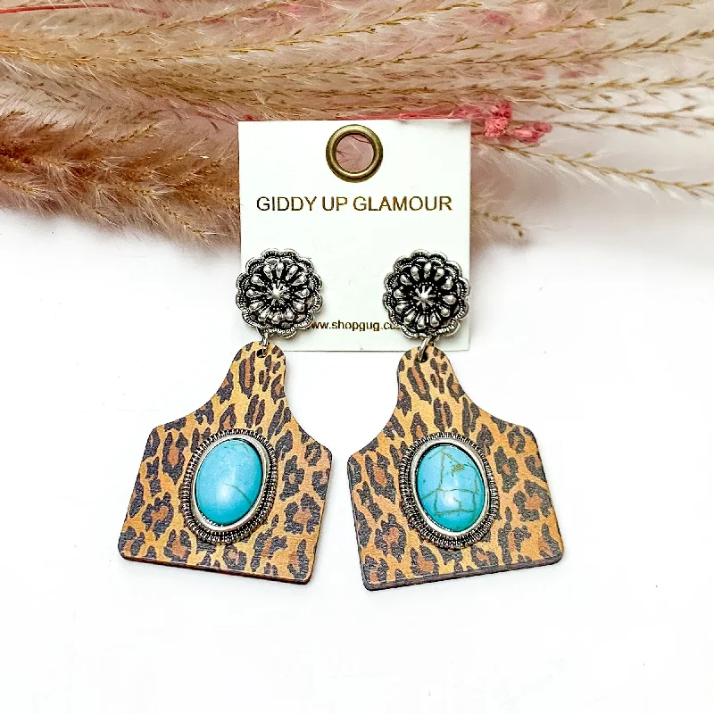 Artistic Dangle Earrings-Leopard Cattle Tag Earrings With Turquoise Center Stone