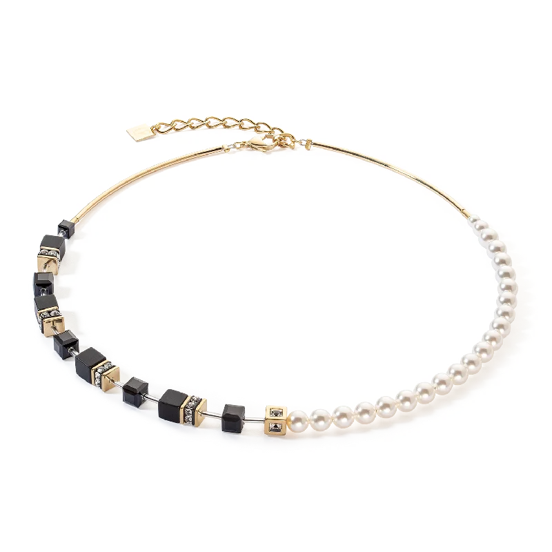 Simple Gemstone Necklace-GeoCUBE® Precious Fusion Pearls necklace black-gold