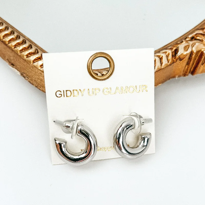 Modern Silver Earrings-Silver Tone Thick Hoop Huggie Earrings