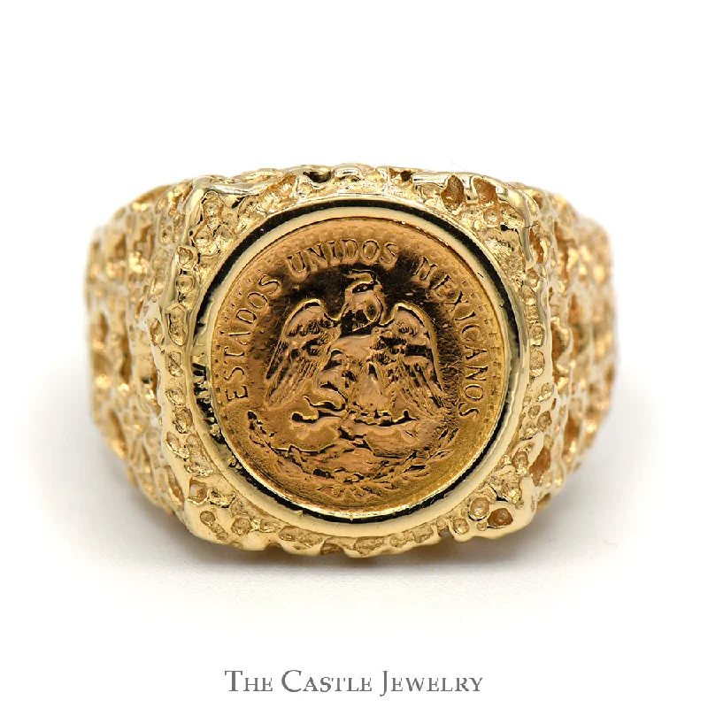 Men's Engagement Ring with Diamonds-Dos Pesos Mexican Coin Ring in Open Style Nugget Designed Mounting in 10k Yellow Gold