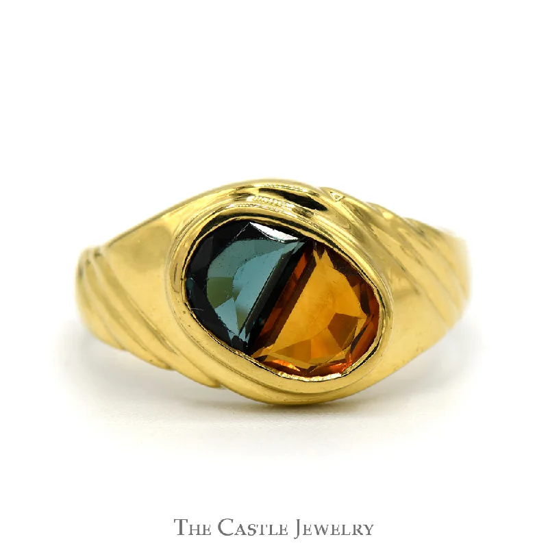 Gold Ring with Emerald-Oval Shaped Blue Topaz and Citrine Combo Ring in 18k Yellow Gold Ridged Mounting