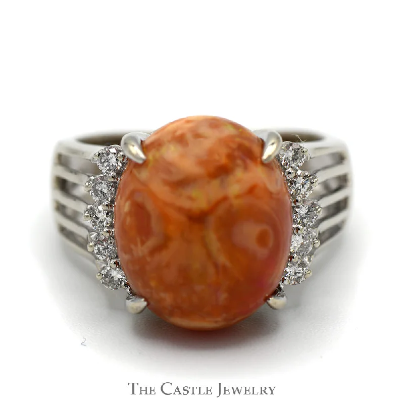 Classic Sapphire Wedding Band-Oval Cabochon Mexican Fire Opal Ring with Diamond Accents in 14k White Gold