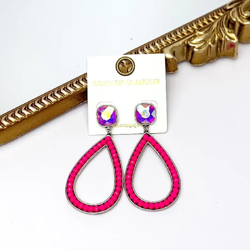 Modern Gold Earrings-Glass Beaded Teardrop Post Earrings with AB Crystal in Pink