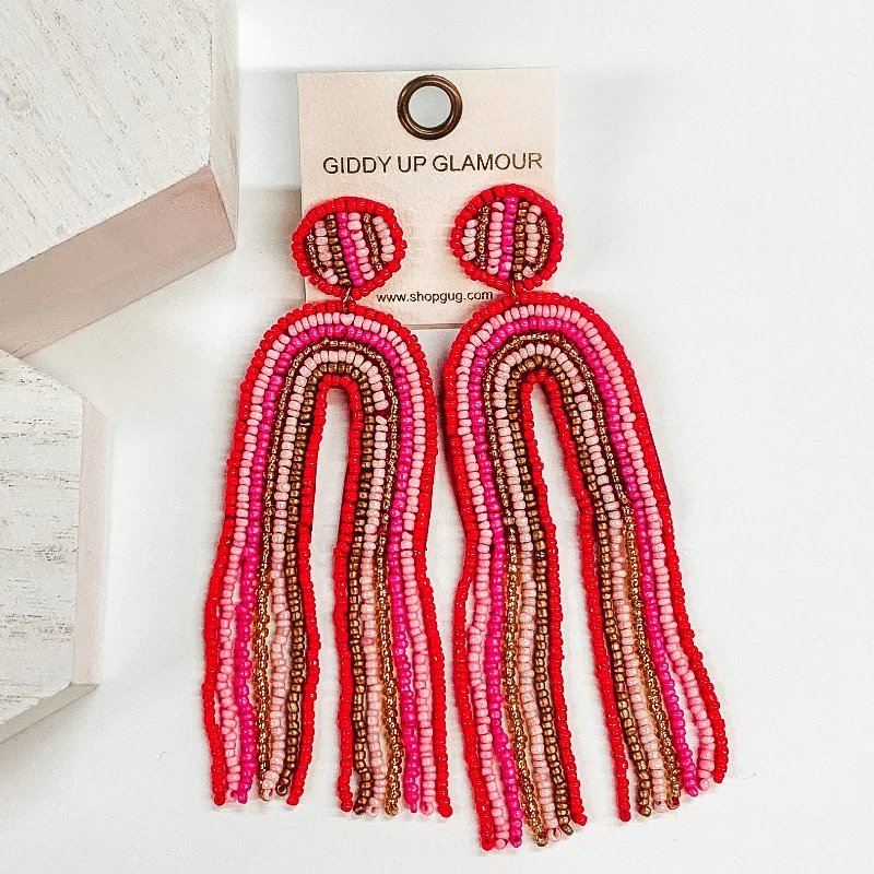 Minimalist Gold Earrings-Rainbow Beaded Earrings with Tassels in Red