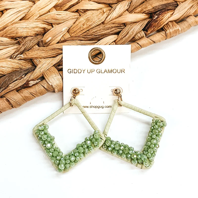 Crystal Hoop Earrings-Champagne Secrets Beaded and Raffia Wrapped Diamond Earrings in Olive