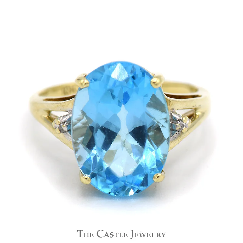 Gemstone Wedding Ring Set-Oval Blue Topaz Ring with Diamond Accents in 10k Yellow Gold Split Shank Setting