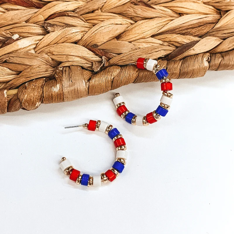 Large Dangle Earrings-Hoop Post Earrings with Red, White, Blue Beads and Gold Spacers